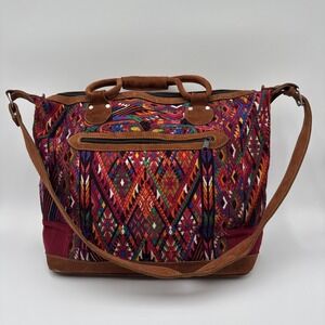 Handmade Huipil Overnight Tote Bag Suede Leather Aztec Boho Crossbody Adjustable